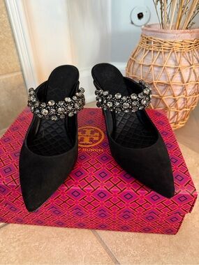 Tory Burch Black Jeweled Mule Slides